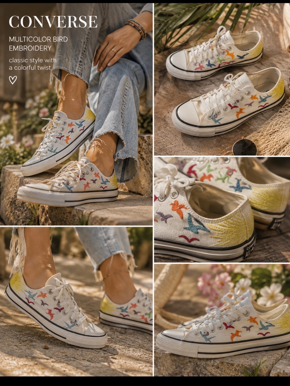 Converse White Low-Top Sneakers with Multicolor Bird Embroidery